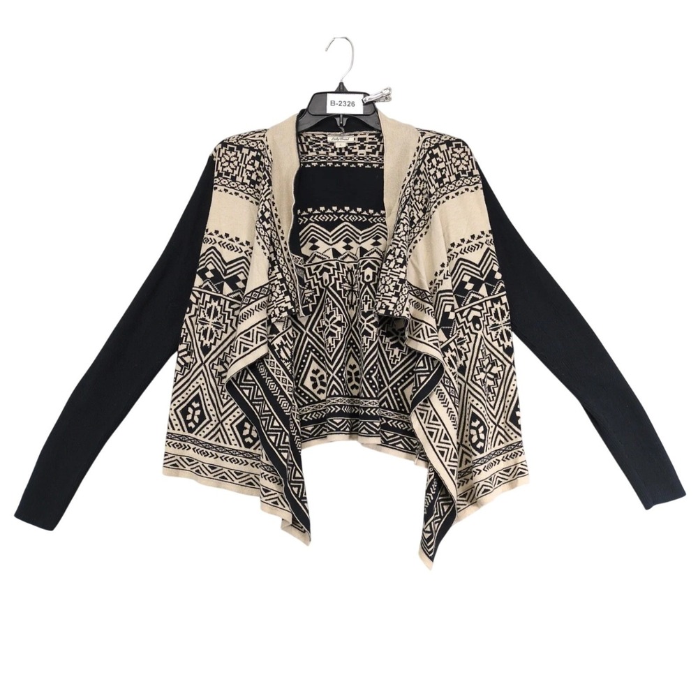 Lucky Brand Black Beige Geometric Cardigan Sweater Womens L Southwestern Cotton